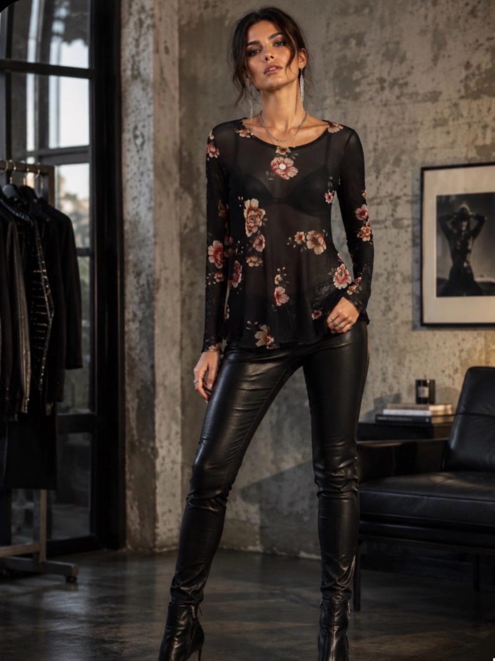 love, Fire Black Floral Mesh Long Sleeve Top